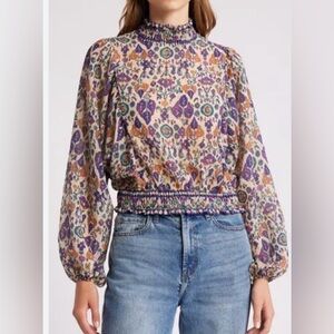 SESSÙN Duchess Ikat Print Smocked Waist Blouson Top